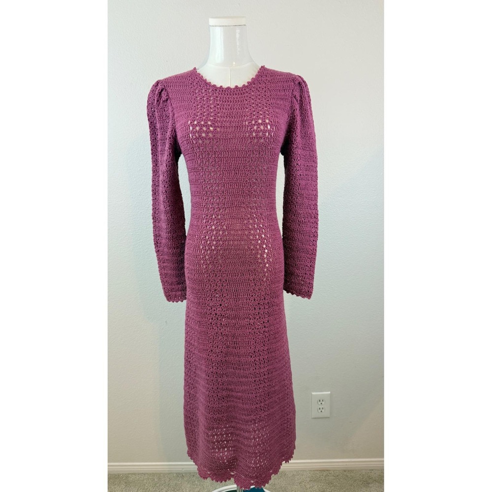 Cottagecore Vintage Handmade Crochet Maxi Dress Long Sleeve Sheer - Picture 2 of 12